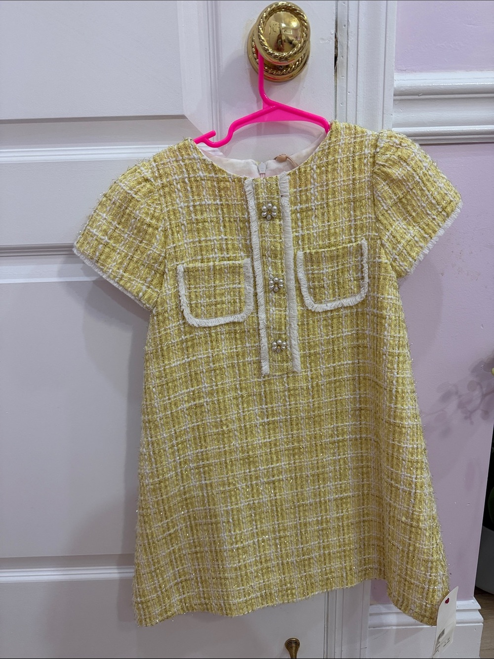 Classic Yellow Tweed Girls' Dress with Pearl Accents